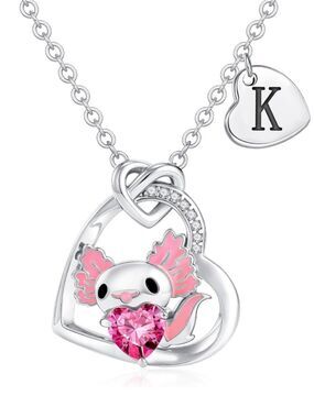 Pink Axolotl Initial K Heart Pendant Necklace Pink Crystal Accent